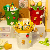 Kawaii Round Pen Holder Large Capacity Desktop Makeup Brush Storage Bucket Wrought Iron Desktop Storage Box with 3D Stickers