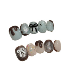 YICKYUE - 10Pcs Handmade Cute Press on Nails Short Chocolate Sweetheart Fake Nails With Bow Design Artifical False Wearable Nail Tips