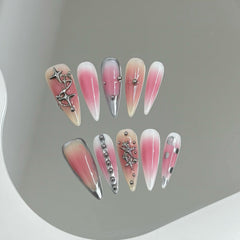 YICKYUE - 10pcs Handmade Press on Nails Pink Blush 3D Metal Star Decor Fake Nail Tips Reusable Wearable Y2k Long Pointed False Nails