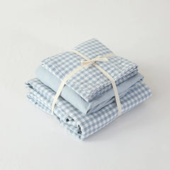 YICKYUE - 100% Cotton Simple Elegant 4pcs Vintage style Blue Plaid duvet cover set with fitted sheet queen king size bedding sets