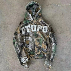 Hearujoy American style trendy letter embroidery camouflage pattern oversized hoodie men's Y2K street Harajuku loose zipper sweatshirt