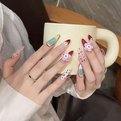 YICKYUE - Medium Length Fake Nails 3D Rhinestone Designs Nude With Chompers Press on Nails Pointy False Nails for Women DIY Nails
