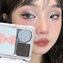 YICKYUE - Glitter Blue Eye Shadow Palette 3-Colors Pearly Eyeshadow Palette Nude Pink Long Lasting Korean Eyes Make Up Palette Cosmetics