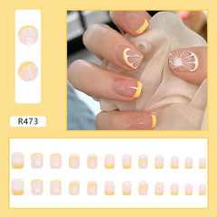 24Pcs Fake Nails Lemon Designs With Yellow French Square False Nails Press On Ballerina Full Cover Nail Art Patch Nail Tips