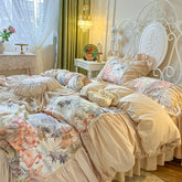 YICKYUE - Bedding Set Korean Style Egypt Cotton Bedclothes Flamingo Printing Lace Pleat Duvet Cover Bed Skirt Pillowcases King Queen Size