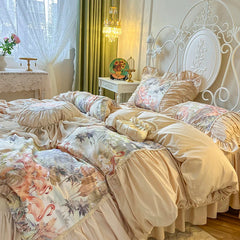 YICKYUE - Bedding Set Korean Style Egypt Cotton Bedclothes Flamingo Printing Lace Pleat Duvet Cover Bed Skirt Pillowcases King Queen Size