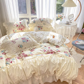 Yickyue Romantic French Style Bedding Set 100% Cotton Rose Print Linen Set Pleated Ruffles Duvet Cover Bed Sheet Fitted Sheet Bed Skirt
