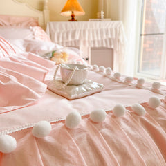Yickyue Korean Princess Style 100% Cotton Bedding Set Single Queen King Pleat Ruffles White Ball Duvet Cover Set Bed Sheet Pillowcases