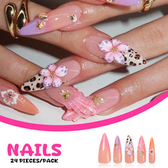 YICKYUE - 24Pcs Leopard French Press on Fake Nails with Flower Wearable Short Almond False Nail Simple Unique Acrylic Full Over Nail Tips