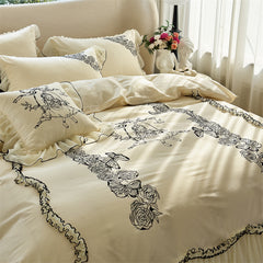 YICKYUE - Vintage Rose Flower Butterfly Lace Ruffles Princess Bedding Set 100S Egyptian Cotton Quilt/Duvet Cover Set Bed Sheet Pillowcases