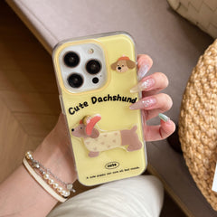 YICKYUE - Ins Cartoon 3D Patch Rotating Cute Sausage Dog Phone Case for iPhone 16 15 14 13 Pro Max Back Cover Fund
