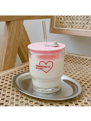 New Japanese Korean Ins Style Glass Straw Cup Love Water Cup Milk Coffee Cup Student Cup Lovely Drinking Gift Glass With Cover