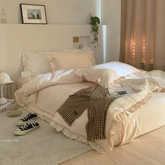 Yickyue French Cream Style Cotton Warm Comforter Bedding Sets Girl‘s Room Winter Skin-friendly Duvet Cover Set Queen Size Bed Linen Sets