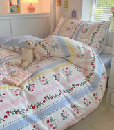 YICKYUE - Cute colorful blue pink flower rabbit bow bedding set,twin full queen king cotton home textile bed sheet pillow case quilt cover