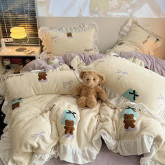 French Ruffled Embossed Cute Animal Milk Velvet 4-Piece Set