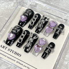 Y2K Punk Design False Nail Aesthetic Handmade Press On Nails Art Rhinestone Fake Nail With Glue Reusable Coffin Tips Manicure