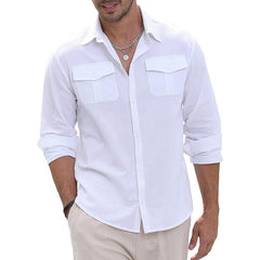 Hearujoy Cotton Linen Men Shirt Solid Color Double Pocket Long Sleeve Top Spring Summer Fashion Casual Beach Breathable Comfortable Shirt