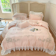 Yickyue Luxury Embroiderd Snow White Lace Bedding Set 4pcs 100% Cotton Korean Princess Wedding Duvet Cover Bed Sheet Linen Pillowcases