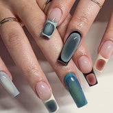 YICKYUE - 24pcs French Flowers Pattern False Nails Blue Blush Design Fake Nail Patch Full Cover Wearable Long Ballet Coffin Press on Nails