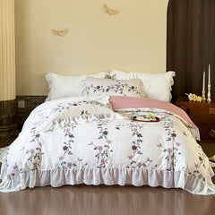 YICKYUE - Lace Ruffles Princess Pure Cotton Bedding Set Floral Quilt Cover Girls Wedding Home Textiles Duver Cover Bed Sheet Pillowcases