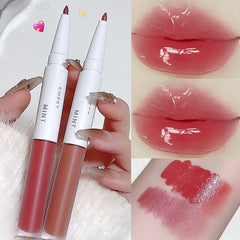 YICKYUE - 2 in 1 Lip Glaze Lip Liner Pen Smooth Long Lasting Moisturizing Lipgloss Non-stick Cup Lipliner Pencil Water Glass Korean Makeup