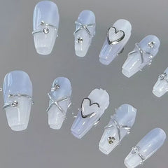 Yickyue Handmade Phototherapy Wear Armor Sea Salt Frozen Coconut Milk Fake Nails Repeated Use Nail Stickers White Artificial NailsNails