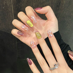 YICKYUE - 10pcs Handmade Press on Nails Purple Crystal Design Fake Nails for Women Girl Wearable Sweet Korean Bead Cat Eye False Nails