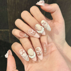 YICKYUE - 10pcs Handmade Press on Nails French Cat Eye Pink Bow Decor Korean False Nails Wearable Full Cover Ins Almond False Nail Tips