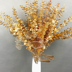 1PC Three-pronged Fan Leaf Netting Artificial Gold Ginkgo Eucalyptus Holly for Wedding Arch Flower Arrangement Home Decor Crafts