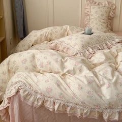 YICKYUE - 3/4Pcs Flower Prints 100% Cotton Korean Princess Style Bedding Set Single Queen Duvet Cover Bed Sheet/Fitted Sheet Pillowcase