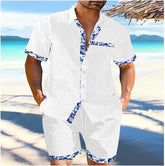 Hearujoy Summer Mens Cotton Linen Two Piece Set Contrast Color Short Sleeve Lapel Shirts And Shorts Loose Suits Hawaiian Beach Outfits