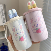 Kawaii Bear Rabbit Vacuum Water Bottle Cute Stainless Steel Coffee Tea Beer Thermal Cup With Lid Strap Drinking Cup For Girl