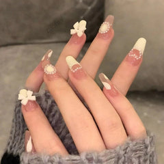 24pcs Artificial Nails Rhinestone Pearl False Nails Full Cover Nail Tips Butterfly Cartoon Press on French Fake Nail Manicure