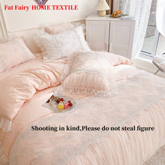 Luxury Pink 100% Cotton Soft Cozy Princess Wedding Bedding Set Lace Embroidery Duvet Cover Bed Sheet Bed Skirt Pillowcases 4Pcs