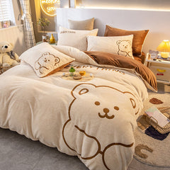 Super Soft Warm Cosy Flannel Velvet Fleece Cartoon Bear Embroidery Child Bedding Set Duvet Cover Flat/Fitted Sheet Pillowcases