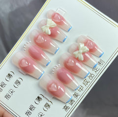 Yickyue Handmade Sweet Long Fake Nail Girl French Bow Tie Pink Gradient Smudge Pearls Design With Glue Nail Art Press on Tip 1Set/10pc