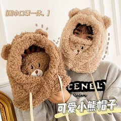 Female Hat Bib Gloves Winter Warmer Cute Cycling Warm Scarf Hat Winter Mask Scarf Integrated Face Display Cap