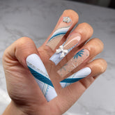 YICKYUE - 24pcs Long Fake Nails 3D Snowflake Design Matte Blue French Press on Nails for Girls Full Cover Wearable Christmas False Nails