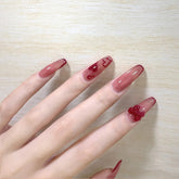 24pcs Jelly Burgundy Color Coffin Press On Nail tips With Bow Love Heart Print Full Cover Fake Nails Wearable Nail Art Tips