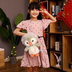Lovely Rabbit & Penguin Plush Backpack Kawaii Animal Messenger Bag Pearl Chain Stuffed Soft Pillow for Girls Xmas Valentine's