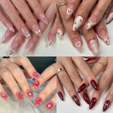 YICKYUE - Bowknot Ribbon Pearl Rhinestones Love Heart Press on Nails Japanese Korean Almond Shape Pink False Nail Detachable Fake Art Nail