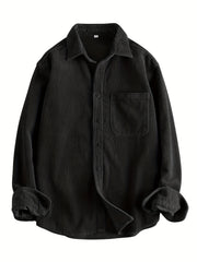 HEARUJOY - Men's Casual Corduroy Long Sleeve Shirt - Solid Color, Button Detail, Single Breasted, Loose Fit - Polyester 100%, Non-Stretch Fabric, 270gsm, Acetate Lining, Lapel Collar, Woven Placket, Weeke