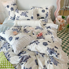 Yickyue Korean Ins Rose Pastoral Lace Quilt Cover Washed Cotton Princess Bedding Sets Bed Skirt Ruffles Pillowcase Woman Duvet Cover