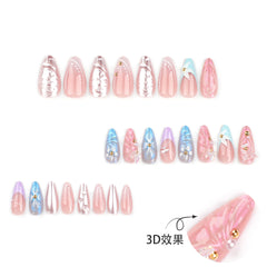 YICKYUE - 24pcs 3D Flower Fake Nail Patch French Almond Summer Sea Shell Decor False Nail Full Cover Wearable Press on Nails Tips for Girl