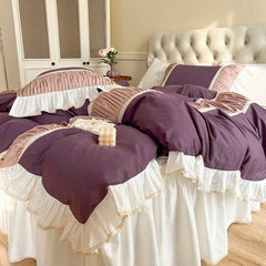 Yickyue Luxury Purple Patchwork Pleat Bedding Set Korean Style 100% Cotton Princess Lace Duvet Cover Bedsheet Bed Skirt Pillowcases