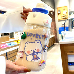 Kawaii Jumbo Bear Water Bottle With Straw Sticker Sport Plastic Outdoor Portable Juice Milk Big Drinking Bottles Jug BPA Free