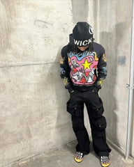 Hearujoy American Gothic trendy letter pattern printed oversized hoodie men's Y2K fashion Harajuku all-match loose zipper sweatshirt