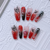 YICKYUE - Dark Style Personalized Butterfly Nail Art Red Black Coffin Shaped Press On Nails Halloween Gift for Girls