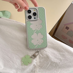 YICKYUE - Ins Mirror Green Background Polka Dot Four Leaf Clover Pendant Phone Case for iPhone 16 15 14 13 Pro Max Back Cover Funda