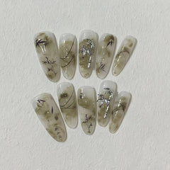 YICKYUE - 10Pcs Green Handmade Almond Press on Nails Cat Eye Summer Wearable False Nails Decoration Gradient Manicure Fake Nail Tips Art